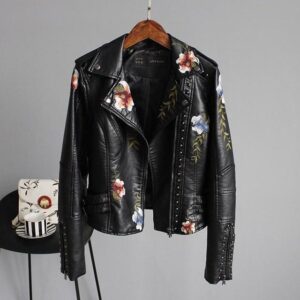 Jordia - Women's Leather Jacket With Floral Accents